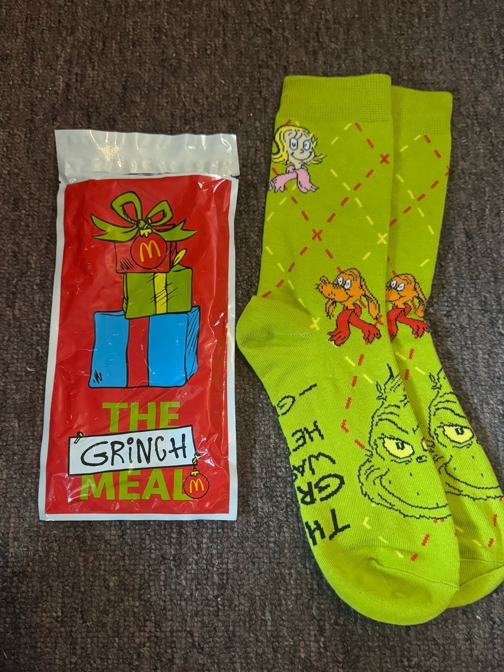 McDonald's Grinch Crew Socks - Neon Green with Red & Yellow Accents